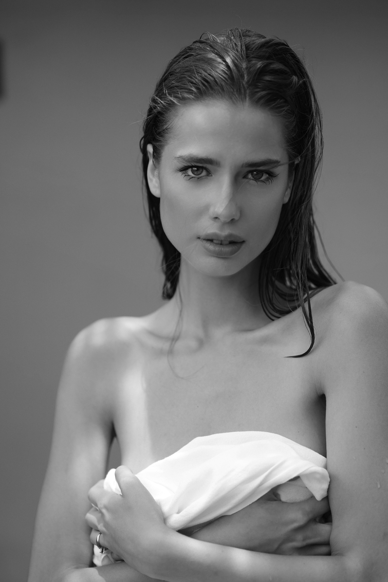 Sofya Breydo, wet-look beauty portrait.